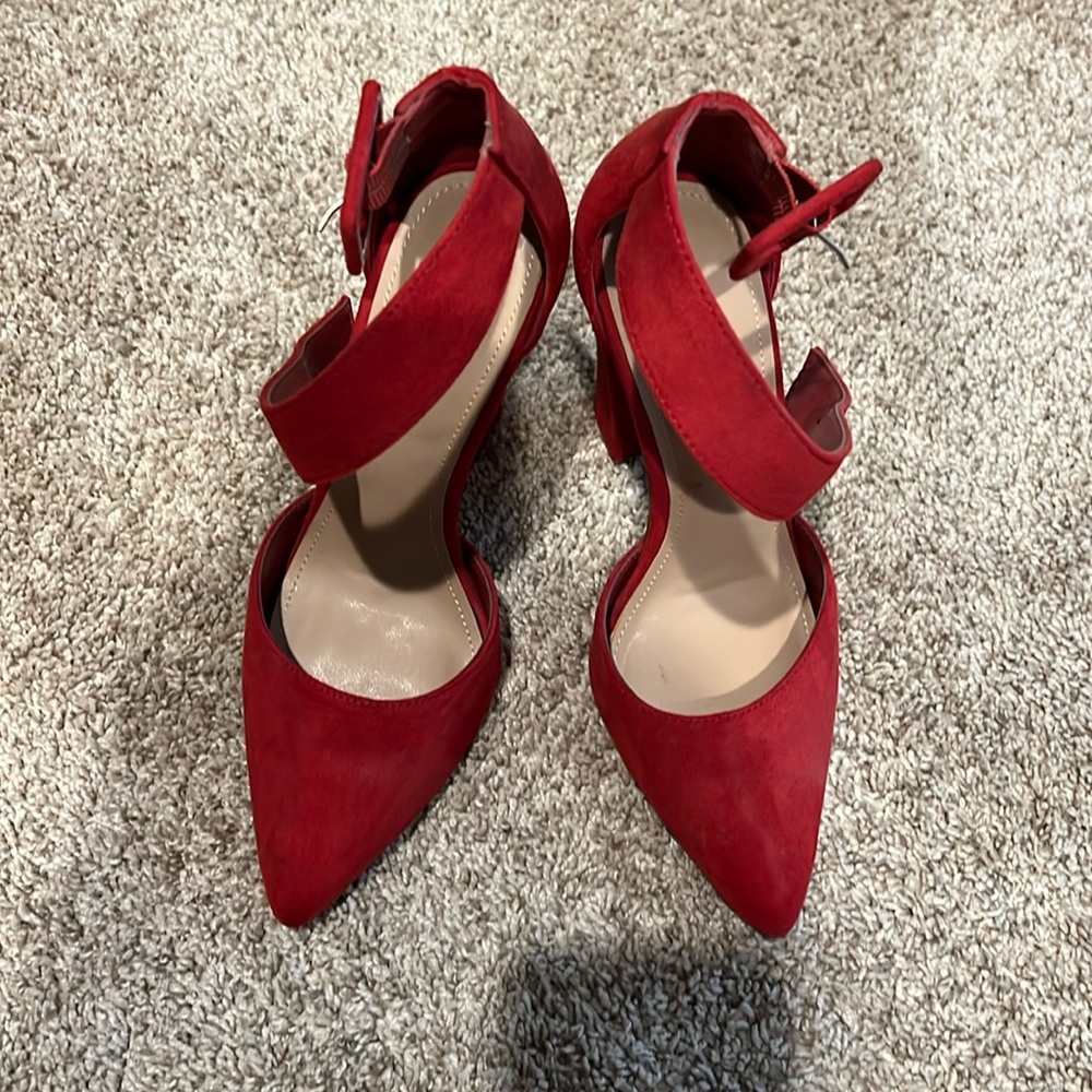 Red high heeled close toe shoes - fake suede